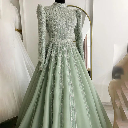 Serene Hill Dubai Arabic Designer Luxury Sage Green A Line Beaded Evening Dresses Gowns For Women Wedding Party 2025 LA72342 - SERENE HILL