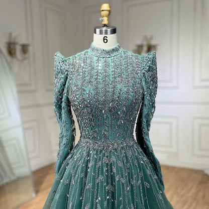Serene Hill Dubai Arabic Designer Luxury Sage Green A Line Beaded Evening Dresses Gowns For Women Wedding Party 2025 LA72342 - SERENE HILL