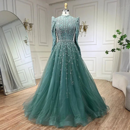 Serene Hill Dubai Arabic Designer Luxury Sage Green A Line Beaded Evening Dresses Gowns For Women Wedding Party 2025 LA72342 - SERENE HILL
