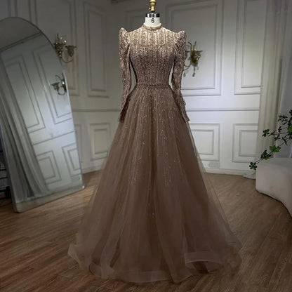 Serene Hill Dubai Arabic Designer Luxury Sage Green A Line Beaded Evening Dresses Gowns For Women Wedding Party 2025 LA72342 - SERENE HILL