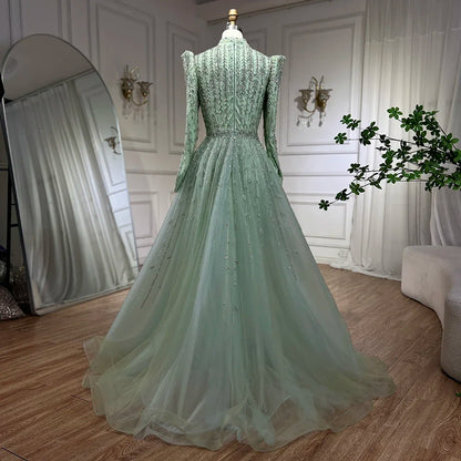 Serene Hill Dubai Arabic Designer Luxury Sage Green A Line Beaded Evening Dresses Gowns For Women Wedding Party 2025 LA72342 - SERENE HILL