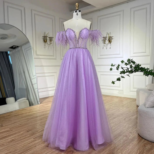 Serene Hill Dubai Arabic Elegant Lilac Feathers Beaded A-Line Evening Gown 2025 Luxury Dress for Women Long Party Dress LA72326