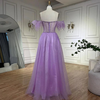 Serene Hill Dubai Arabic Elegant Lilac Feathers Beaded A-Line Evening Gown 2025 Luxury Dress for Women Long Party Dress LA72326 - SERENE HILL