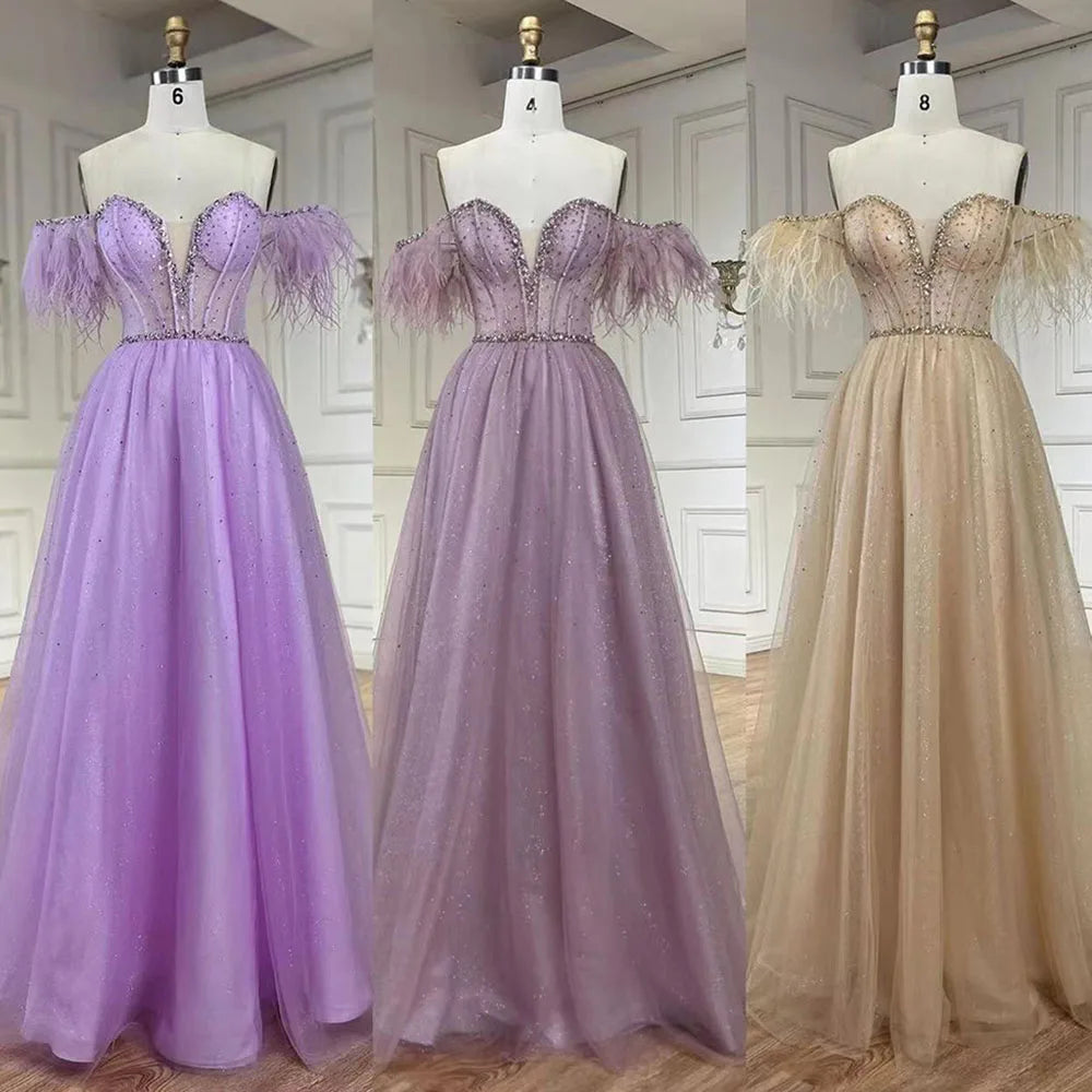 Serene Hill Dubai Arabic Elegant Lilac Feathers Beaded A-Line Evening Gown 2025 Luxury Dress for Women Long Party Dress LA72326 - SERENE HILL