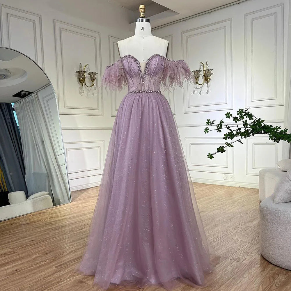 Serene Hill Dubai Arabic Elegant Lilac Feathers Beaded A-Line Evening Gown 2025 Luxury Dress for Women Long Party Dress LA72326 - SERENE HILL
