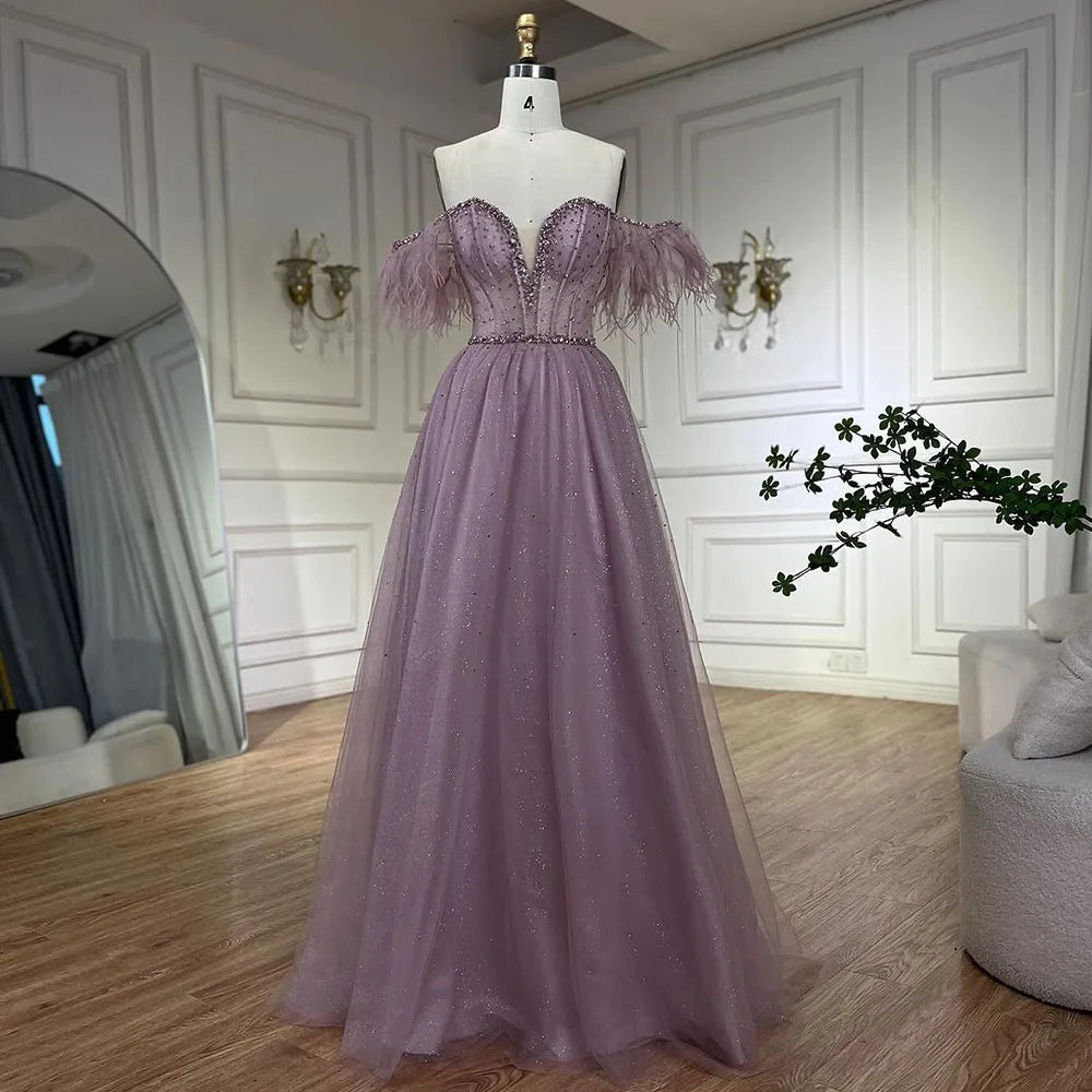 Serene Hill Dubai Arabic Elegant Lilac Feathers Beaded A-Line Evening Gown 2025 Luxury Dress for Women Long Party Dress LA72326 - SERENE HILL