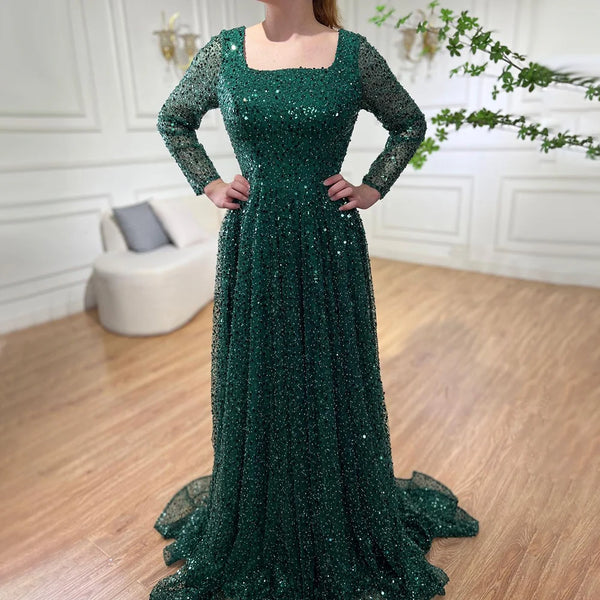 Serene Hill Dubai Arabic Green A Line Luxury Evening Dresses Gowns Beaded Long Sleeve For Women Wedding Party 2025 LA70271