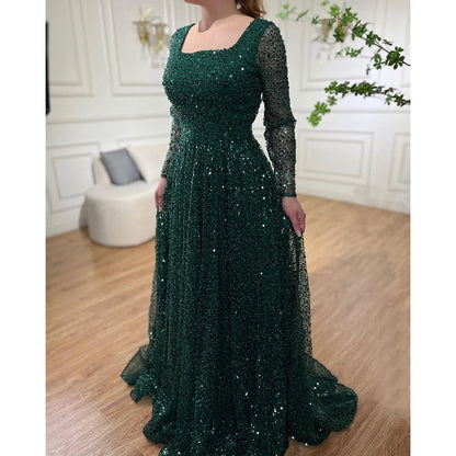 Serene Hill Dubai Arabic Green A Line Luxury Evening Dresses Gowns Beaded Long Sleeve For Women Wedding Party 2025 LA70271 - SERENE HILL