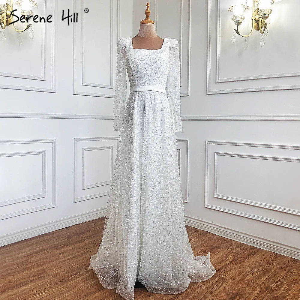 Serene Hill Dubai Arabic Green A Line Luxury Evening Dresses Gowns Beaded Long Sleeve For Women Wedding Party 2025 LA70271 - SERENE HILL