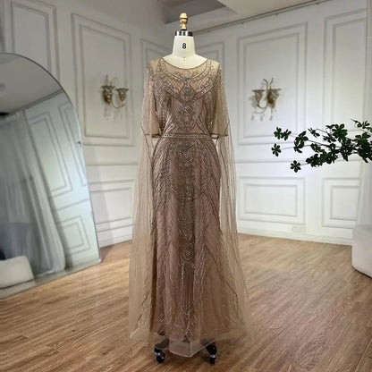 Serene Hill Dubai Arabic Green Mermaid Evening Dress with Elegant Luxury Beaded Cape Sleeves for Women&