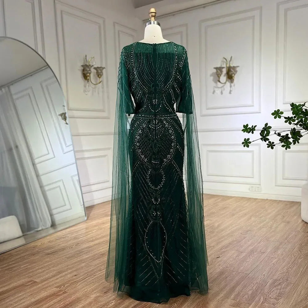 Serene Hill Dubai Arabic Green Mermaid Evening Dress with Elegant Luxury Beaded Cape Sleeves for Women&