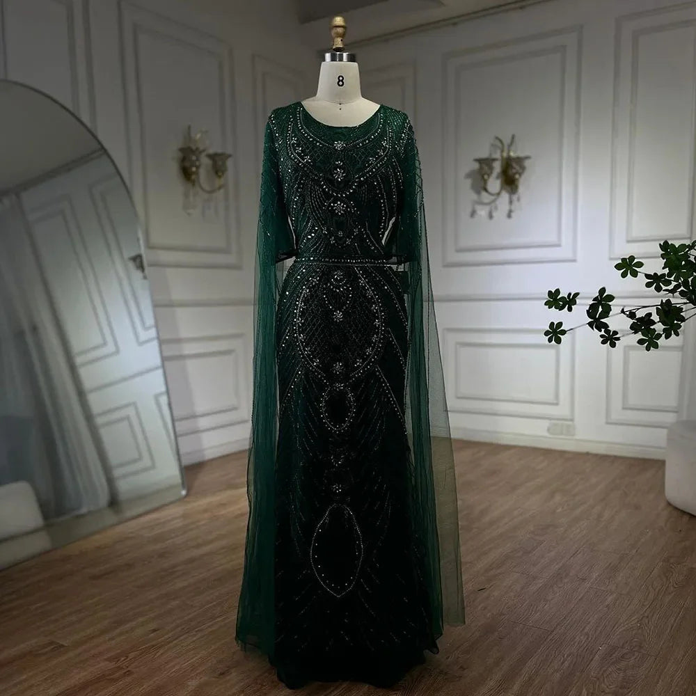 Serene Hill Dubai Arabic Green Mermaid Evening Dress with Elegant Luxury Beaded Cape Sleeves for Women&
