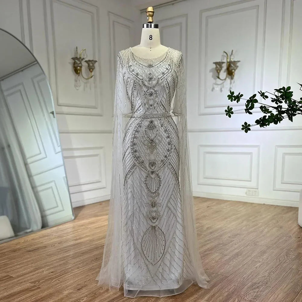 Serene Hill Dubai Arabic Green Mermaid Evening Dress with Elegant Luxury Beaded Cape Sleeves for Women&