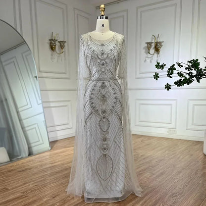 Serene Hill Dubai Arabic Green Mermaid Evening Dress with Elegant Luxury Beaded Cape Sleeves for Women&