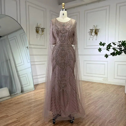 Serene Hill Dubai Arabic Green Mermaid Evening Dress with Elegant Luxury Beaded Cape Sleeves for Women&