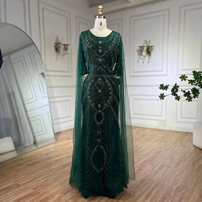 Serene Hill Dubai Arabic Green Mermaid Evening Dress with Elegant Luxury Beaded Cape Sleeves for Women&