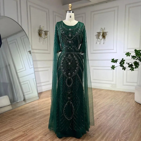 Serene Hill Dubai Arabic Green Mermaid Evening Dress with Elegant Luxury Beaded Cape Sleeves for Women's Party 2025 LA72562
