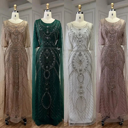 Serene Hill Dubai Arabic Green Mermaid Evening Dress with Elegant Luxury Beaded Cape Sleeves for Women&