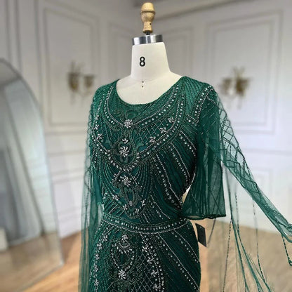 Serene Hill Dubai Arabic Green Mermaid Evening Dress with Elegant Luxury Beaded Cape Sleeves for Women&