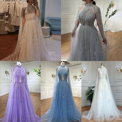 Luxury Evening Dress with Cape Sleeve Long LA71803 - SERENE HILL