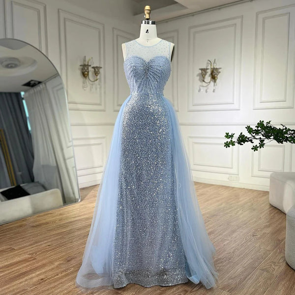 Sparkling Crystal Gold Evening Gown with Overskirt LA72588