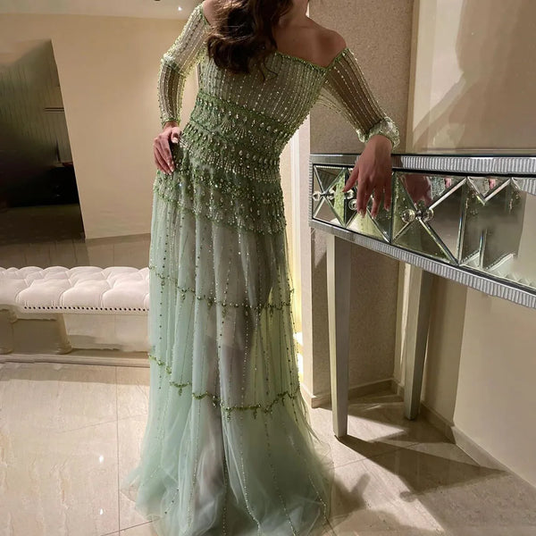 Luxury Sage Green Beaded Mermaid Evening Dress LA72350