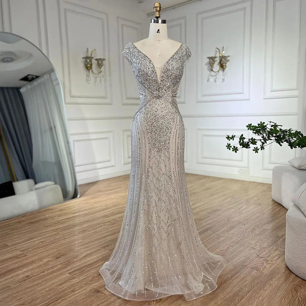 Serene Hill Dubai Beige Elegant Sleeveles Mermaid Beaded Arabic Evening Dresses Gowns for Women Wedding Party 2025 LA72456 - SERENE HILL