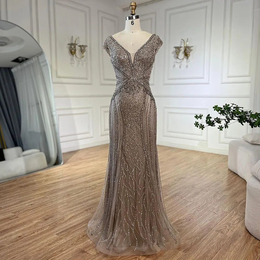 Serene Hill Dubai Beige Elegant Sleeveles Mermaid Beaded Arabic Evening Dresses Gowns for Women Wedding Party 2025 LA72456 - SERENE HILL