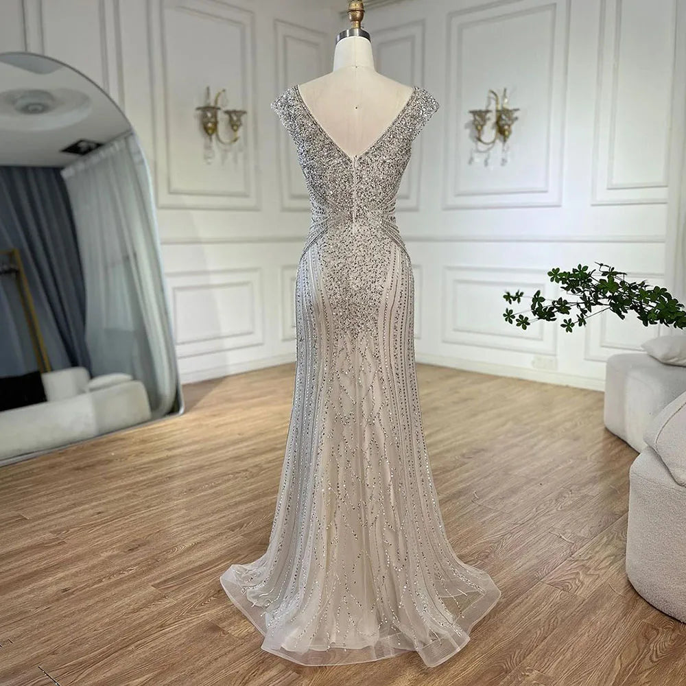 Serene Hill Dubai Beige Elegant Sleeveles Mermaid Beaded Arabic Evening Dresses Gowns for Women Wedding Party 2025 LA72456 Beige / 2
