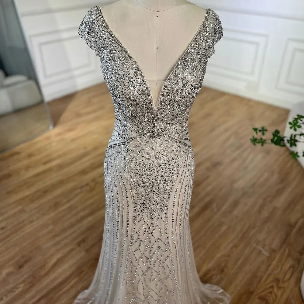 Serene Hill Dubai Beige Elegant Sleeveles Mermaid Beaded Arabic Evening Dresses Gowns for Women Wedding Party 2025 LA72456 - SERENE HILL