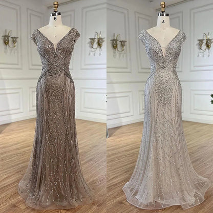 Serene Hill Dubai Beige Elegant Sleeveles Mermaid Beaded Arabic Evening Dresses Gowns for Women Wedding Party 2025 LA72456 - SERENE HILL