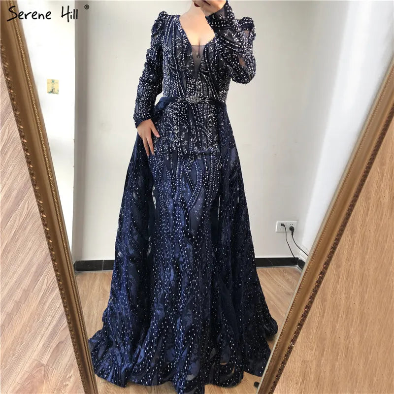 Serene Hill Dubai Blue Mermaid Deep-V Crystal Sexy Long Sleeves Luxury Party Dresses Formal Women Evening 2025 Plus Size LA70223 - SERENE HILL