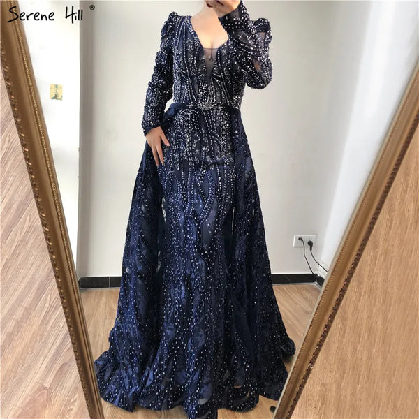 Serene Hill Dubai Blue Mermaid Deep-V Crystal Sexy Long Sleeves Luxury Party Dresses Formal Women Evening 2025 Plus Size LA70223