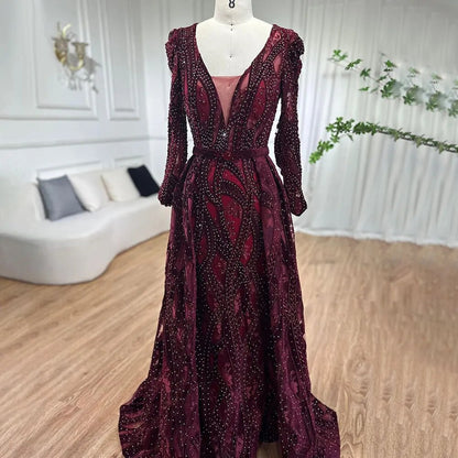 Serene Hill Dubai Blue Mermaid Deep-V Crystal Sexy Long Sleeves Luxury Party Dresses Formal Women Evening 2025 Plus Size LA70223 - SERENE HILL