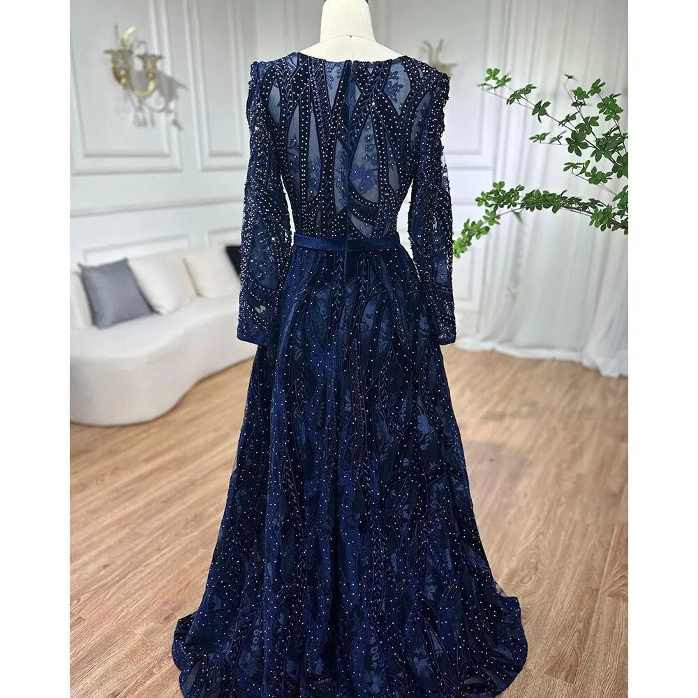 Serene Hill Dubai Blue Mermaid Deep-V Crystal Sexy Long Sleeves Luxury Party Dresses Formal Women Evening 2025 Plus Size LA70223 - SERENE HILL