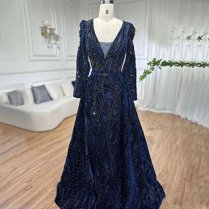 Serene Hill Dubai Blue Mermaid Deep-V Crystal Sexy Long Sleeves Luxury Party Dresses Formal Women Evening 2025 Plus Size LA70223 - SERENE HILL