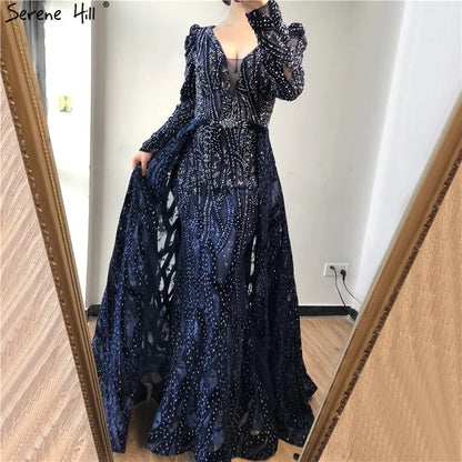 Serene Hill Dubai Blue Mermaid Deep-V Crystal Sexy Long Sleeves Luxury Party Dresses Formal Women Evening 2025 Plus Size LA70223 - SERENE HILL