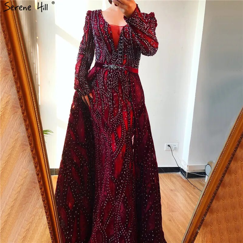 Serene Hill Dubai Blue Mermaid Deep-V Crystal Sexy Long Sleeves Luxury Party Dresses Formal Women Evening 2025 Plus Size LA70223 - SERENE HILL