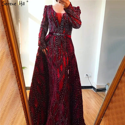 Serene Hill Dubai Blue Mermaid Deep-V Crystal Sexy Long Sleeves Luxury Party Dresses Formal Women Evening 2025 Plus Size LA70223 - SERENE HILL