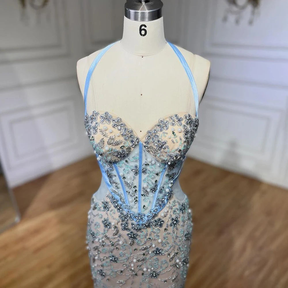 Serene Hill Dubai Blue Mermaid Luxury Beaded Spaghetti Strap Arabic Evening Dresses Gowns for Women Wedding Party 2025 LA72330 - SERENE HILL