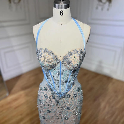 Serene Hill Dubai Blue Mermaid Luxury Beaded Spaghetti Strap Arabic Evening Dresses Gowns for Women Wedding Party 2025 LA72330 - SERENE HILL
