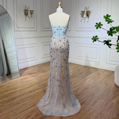 Serene Hill Dubai Blue Mermaid Luxury Beaded Spaghetti Strap Arabic Evening Dresses Gowns for Women Wedding Party 2025 LA72330 - SERENE HILL