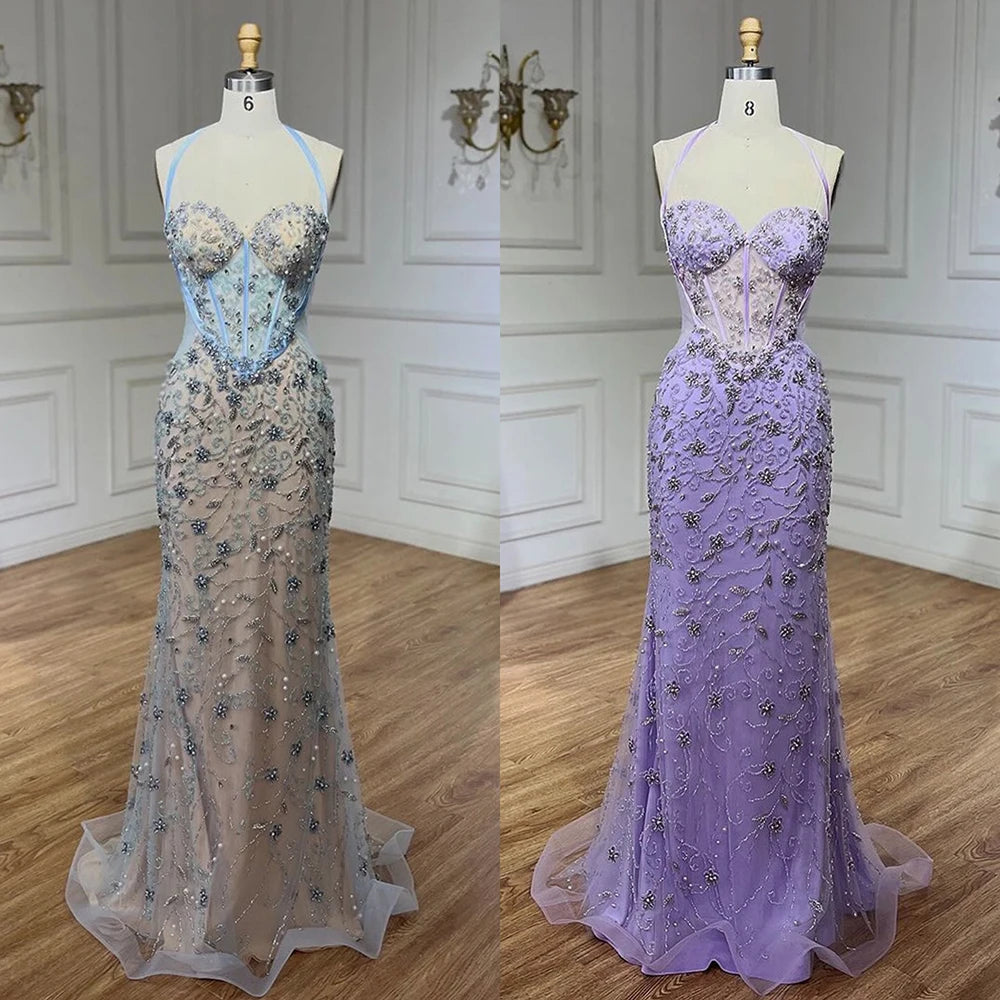 Serene Hill Dubai Blue Mermaid Luxury Beaded Spaghetti Strap Arabic Evening Dresses Gowns for Women Wedding Party 2025 LA72330 - SERENE HILL