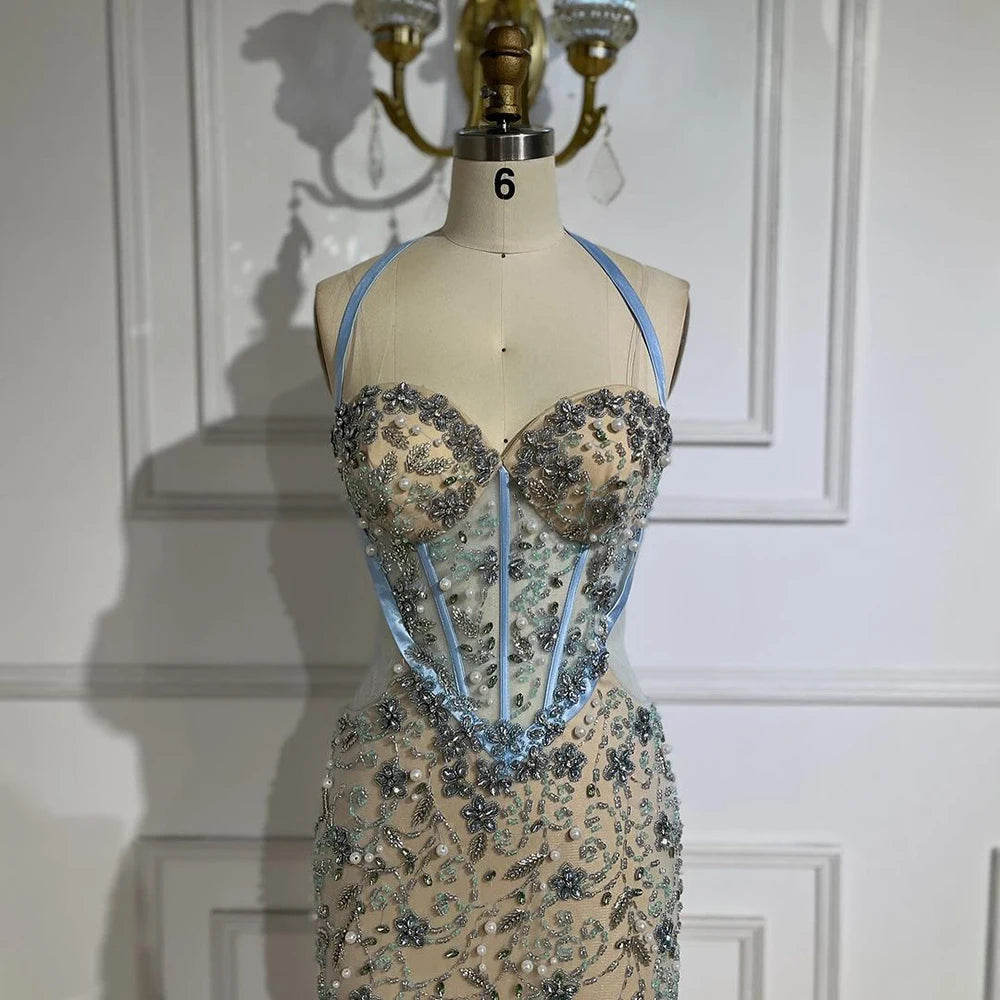 Serene Hill Dubai Blue Mermaid Luxury Beaded Spaghetti Strap Arabic Evening Dresses Gowns for Women Wedding Party 2025 LA72330 - SERENE HILL