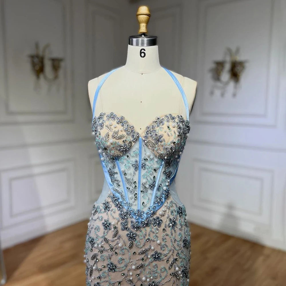Serene Hill Dubai Blue Mermaid Luxury Beaded Spaghetti Strap Arabic Evening Dresses Gowns for Women Wedding Party 2025 LA72330 - SERENE HILL