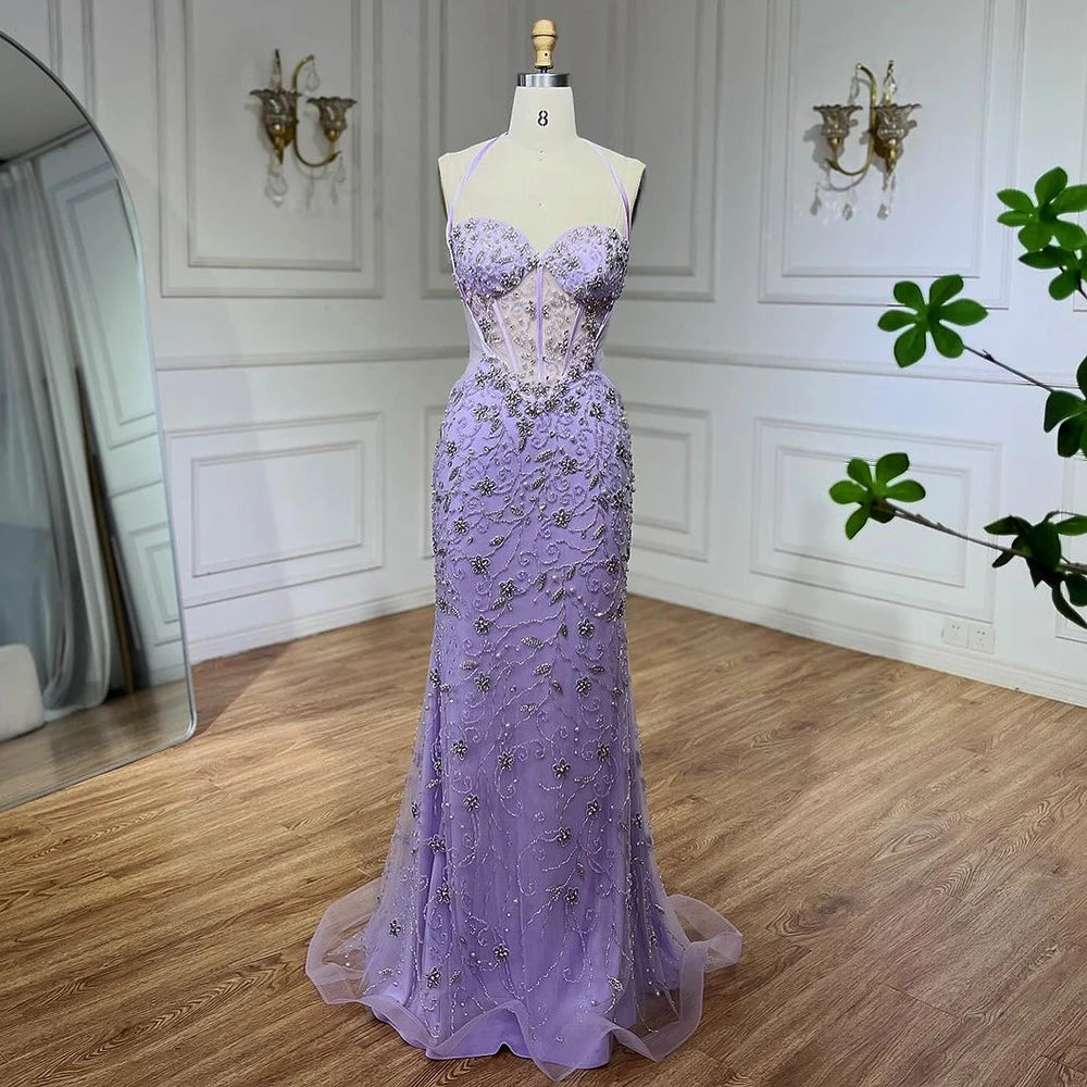 Serene Hill Dubai Blue Mermaid Luxury Beaded Spaghetti Strap Arabic Evening Dresses Gowns for Women Wedding Party 2025 LA72330 - SERENE HILL