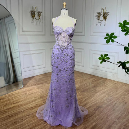 Serene Hill Dubai Blue Mermaid Luxury Beaded Spaghetti Strap Arabic Evening Dresses Gowns for Women Wedding Party 2025 LA72330 - SERENE HILL