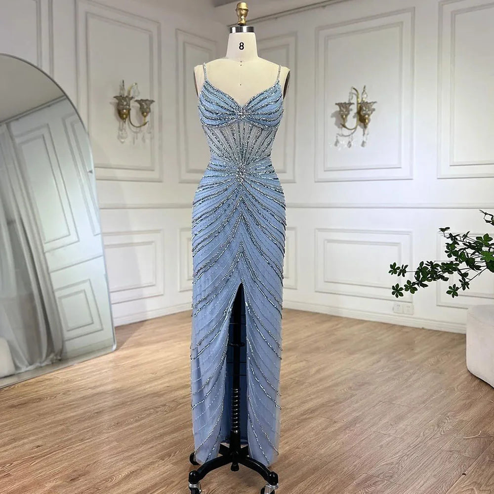 Serene Hill Dubai Blue Spaghetti Strap Mermaid Split Beaded Luxury Evening Dresses Gowns for Women Wedding Party 2025 LA72439 - SERENE HILL