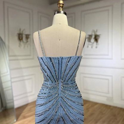 Serene Hill Dubai Blue Spaghetti Strap Mermaid Split Beaded Luxury Evening Dresses Gowns for Women Wedding Party 2025 LA72439 - SERENE HILL