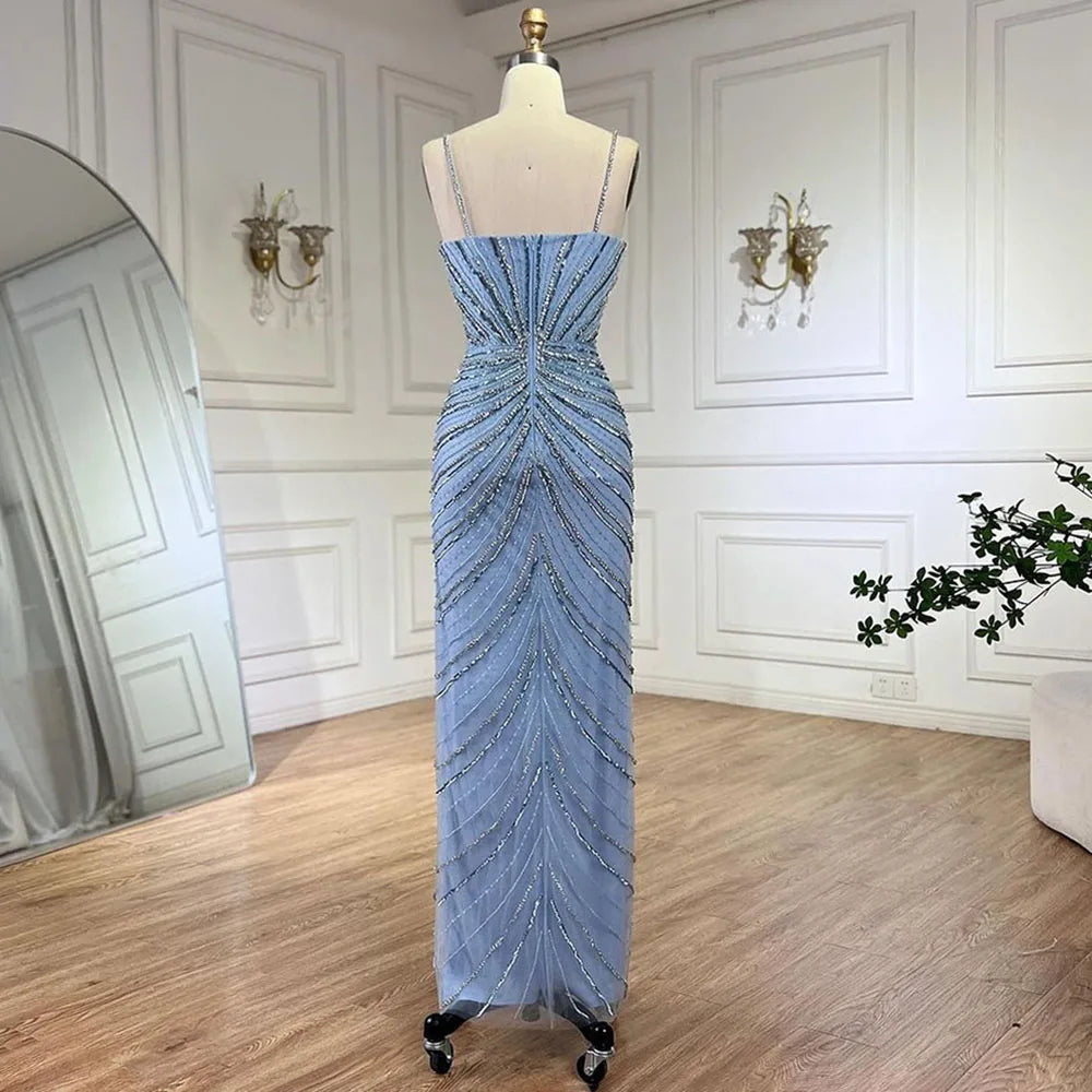 Serene Hill Dubai Blue Spaghetti Strap Mermaid Split Beaded Luxury Evening Dresses Gowns for Women Wedding Party 2025 LA72439 - SERENE HILL